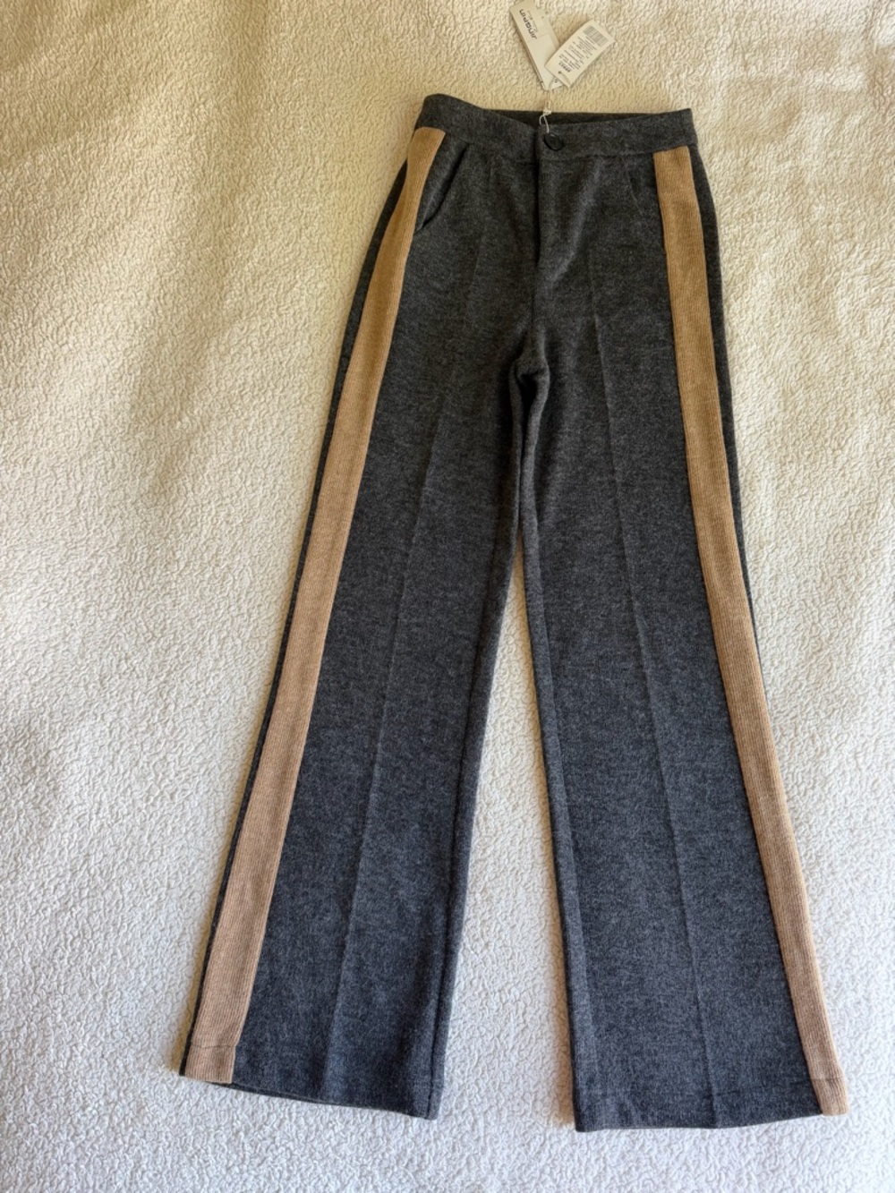 Gray Wide-Leg Trousers with Tan Side Stripe